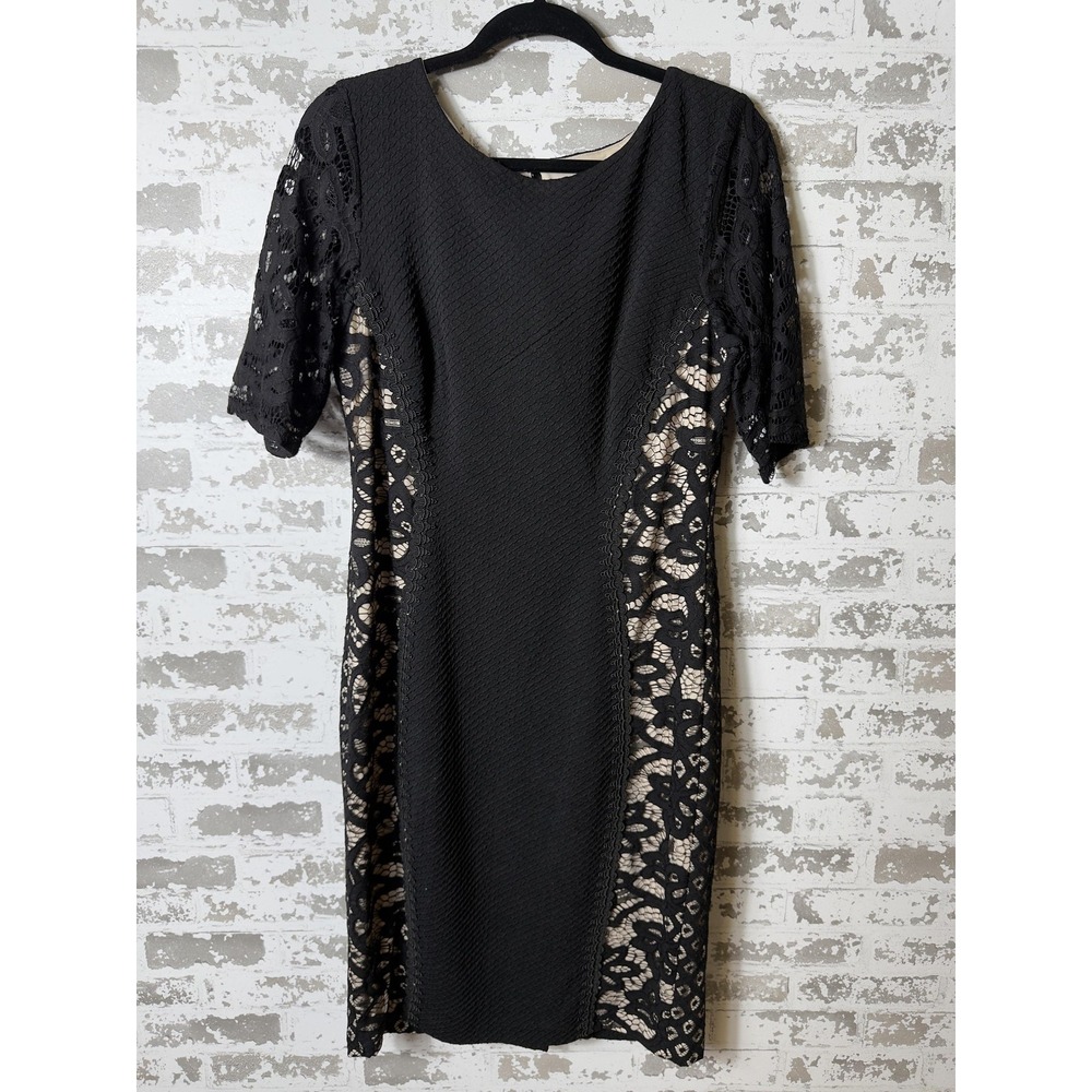 Signature by Sangria‎ Dress Womens 14 Black Lace Panel Sheath Short Sleeve Lined